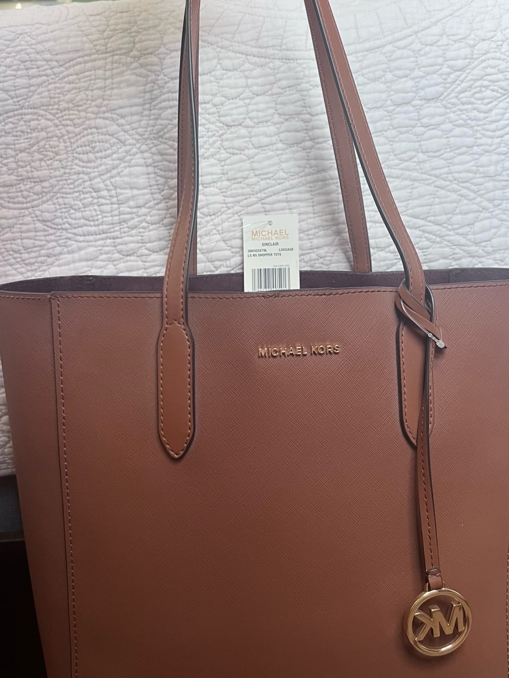 Michael Kors Brown Saffiano Leather Tote with Gold Logo Charm